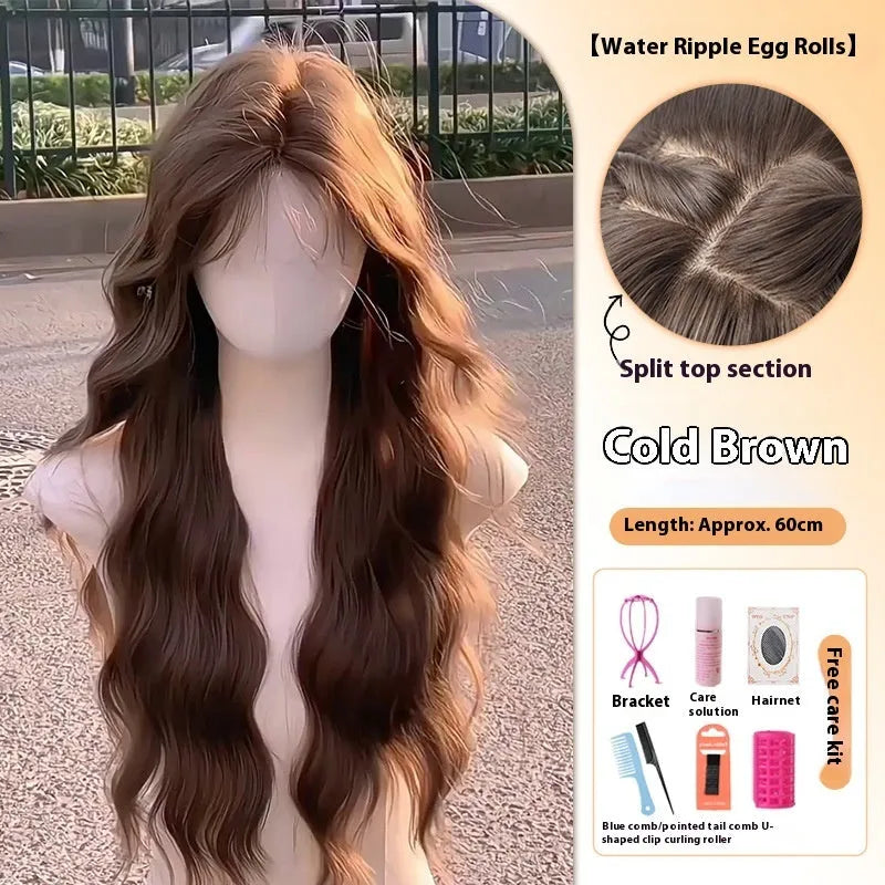 Women's full head wig with long curly artificial hair and side bangs in natural styling