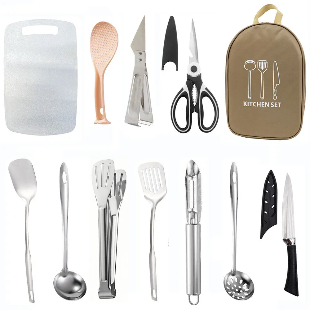 12-piece stainless steel picnic utensil set inside a khaki portable storage bag for outdoor dining.