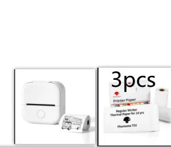 Phomemo T02 mini thermal label printer in white, showing front view with roll of sticky paper