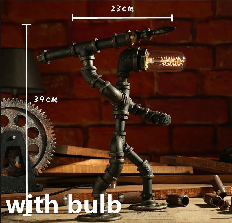 Robot Table Lamp vintage industrial desk light with iron pipe design green bronze finish