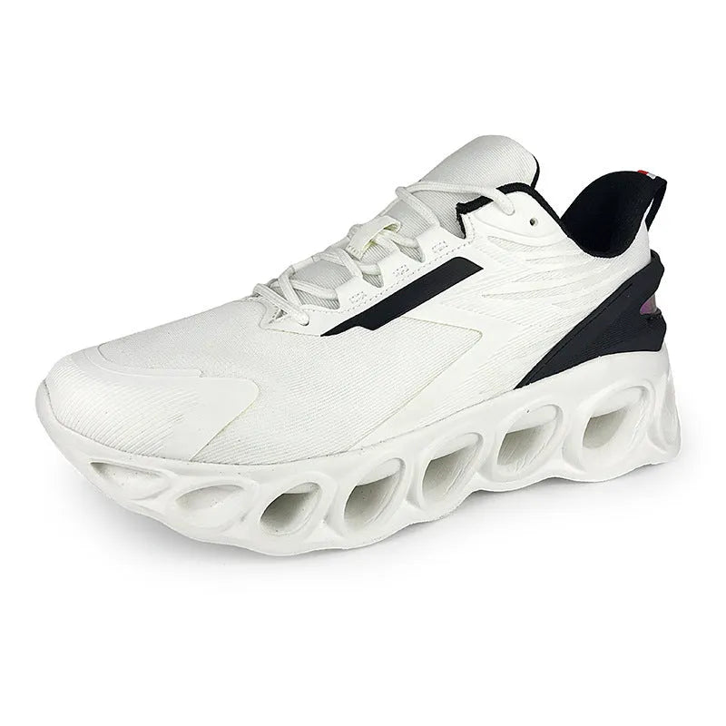 Men's black mesh casual sports shoes with white EVA sole and lace-up front on a white background.
