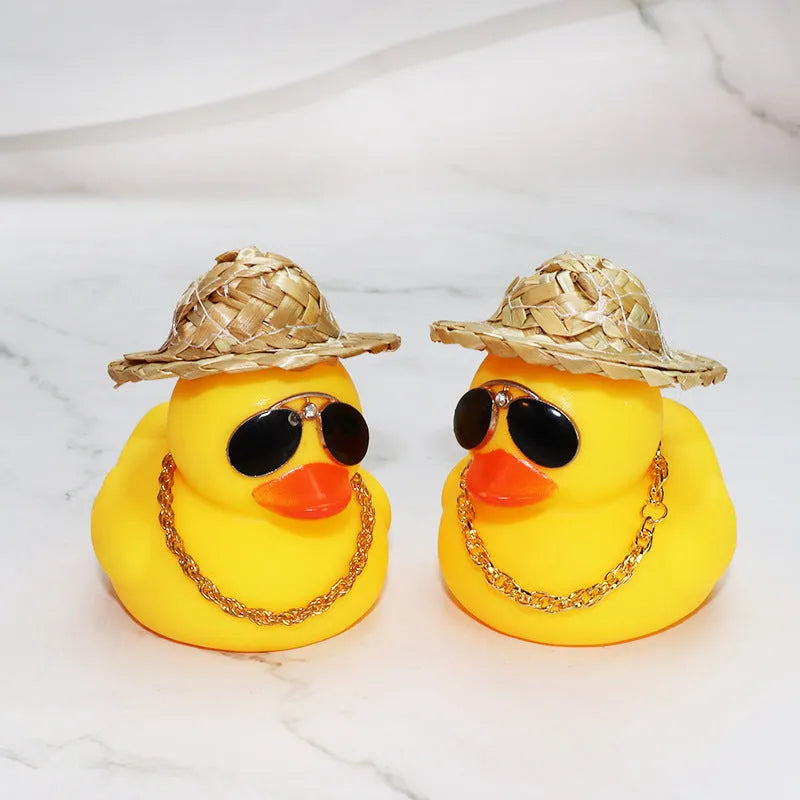 Yellow cartoon duck car ornament with straw hat and adhesive mounting kit