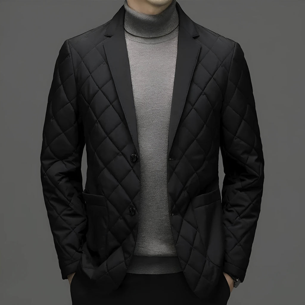 Men's thick lapel-style down jacket in a solid colour with side seam pockets.