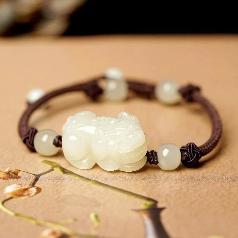 Hetian jade bead bracelet with black and red adjustable braided cord, Chinese style jewellery.