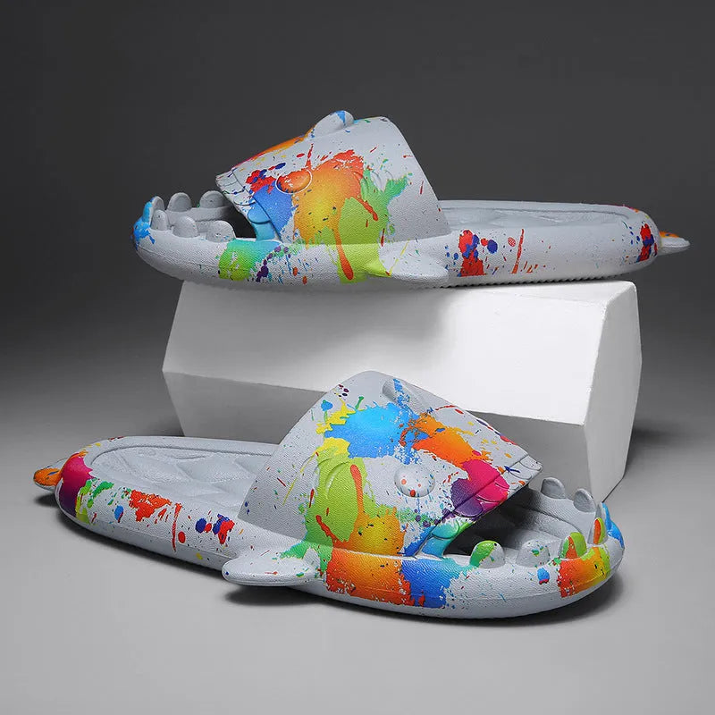 Shark design open-toe EVA home slippers for couples in beige, shown in a large size.