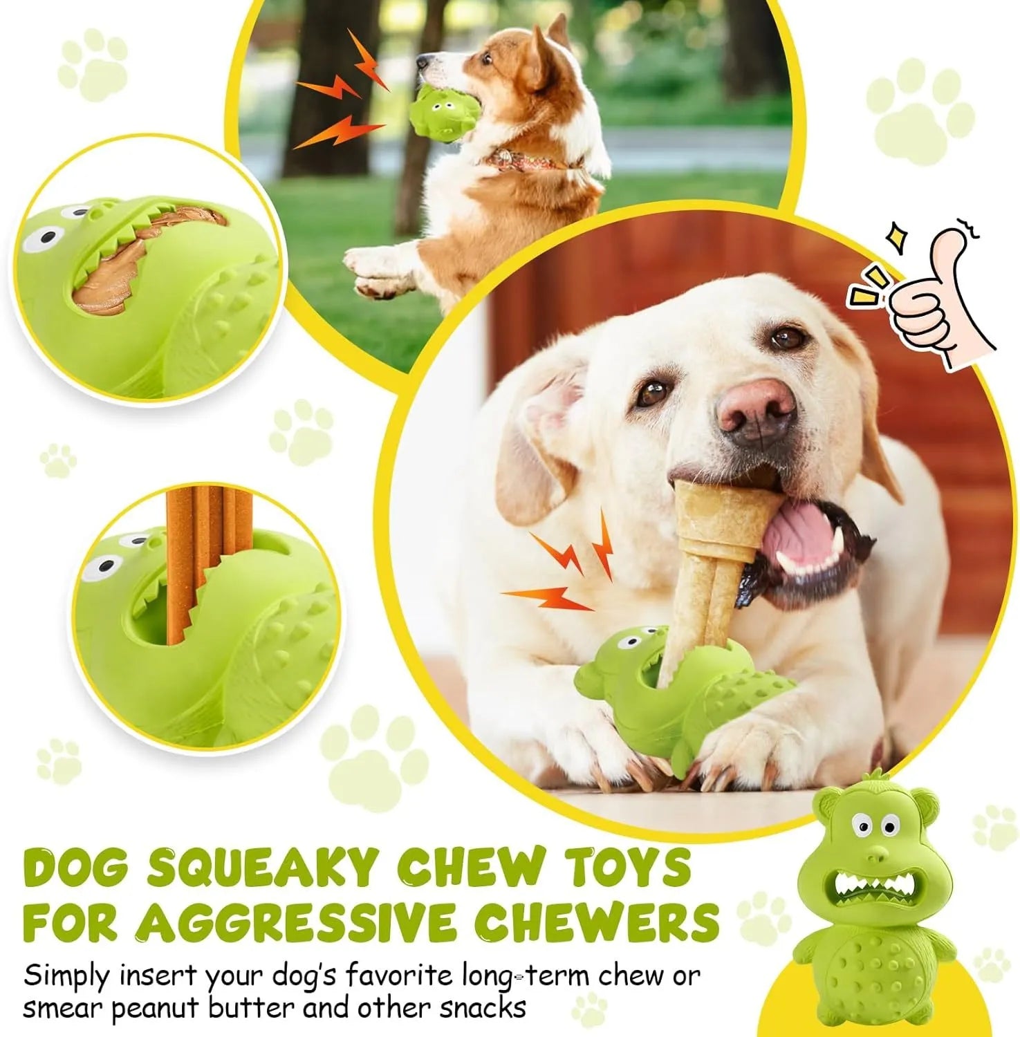 Green and yellow thick natural rubber squeaky dog chew toy for large breed dogs.