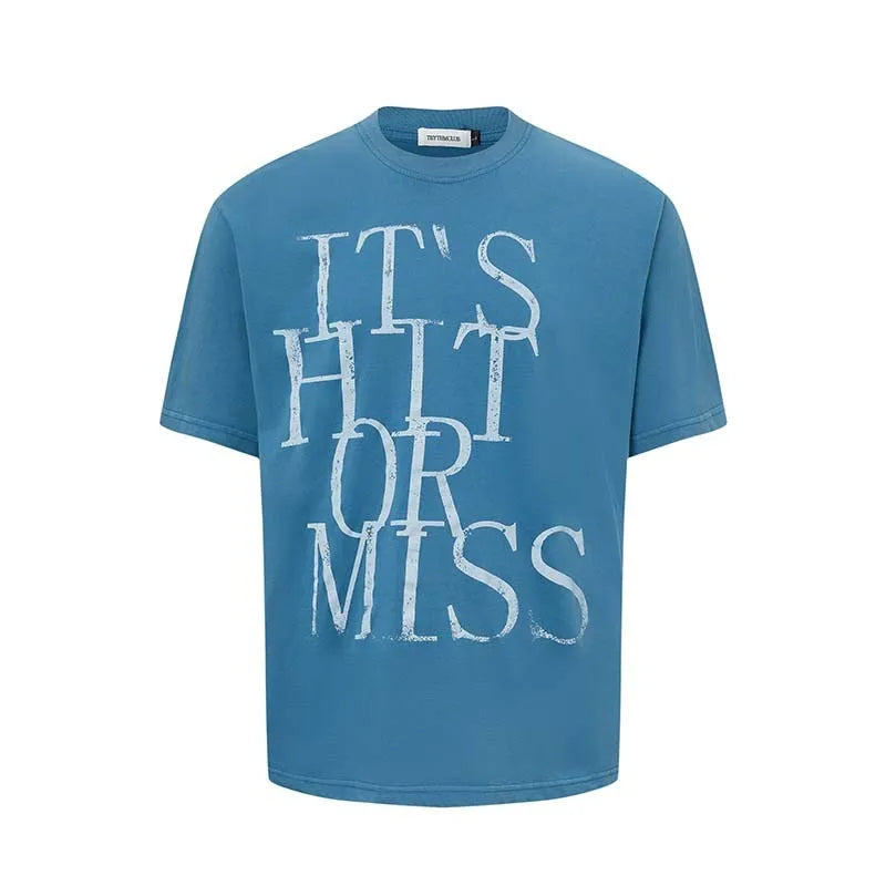 Man wearing a blue American retro letter print loose fit cotton blend t-shirt.