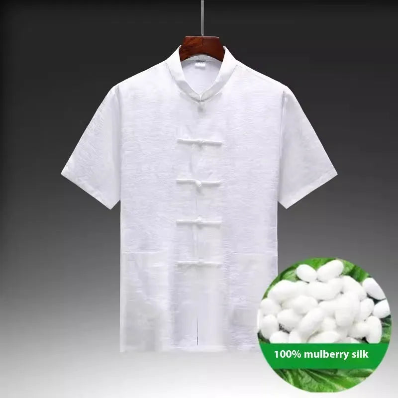 Men's traditional Chinese-style Tang suit made from mulberry silk satin in light green, navy, or white.