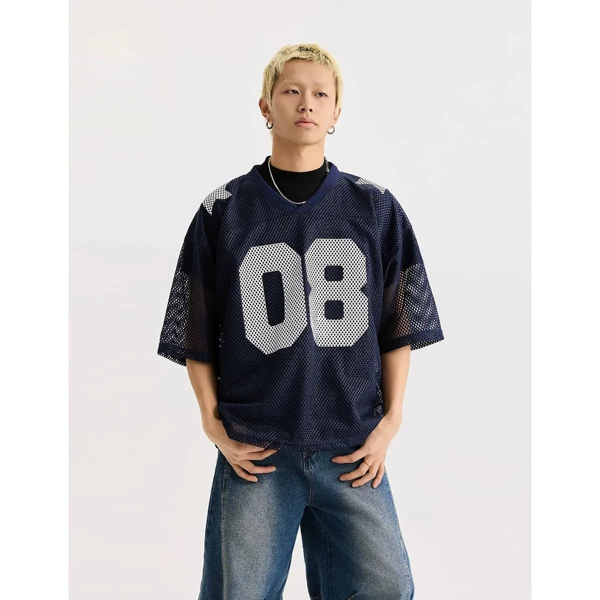 Half sleeve loose pullover shirt with letter pattern in black or navy blue colour