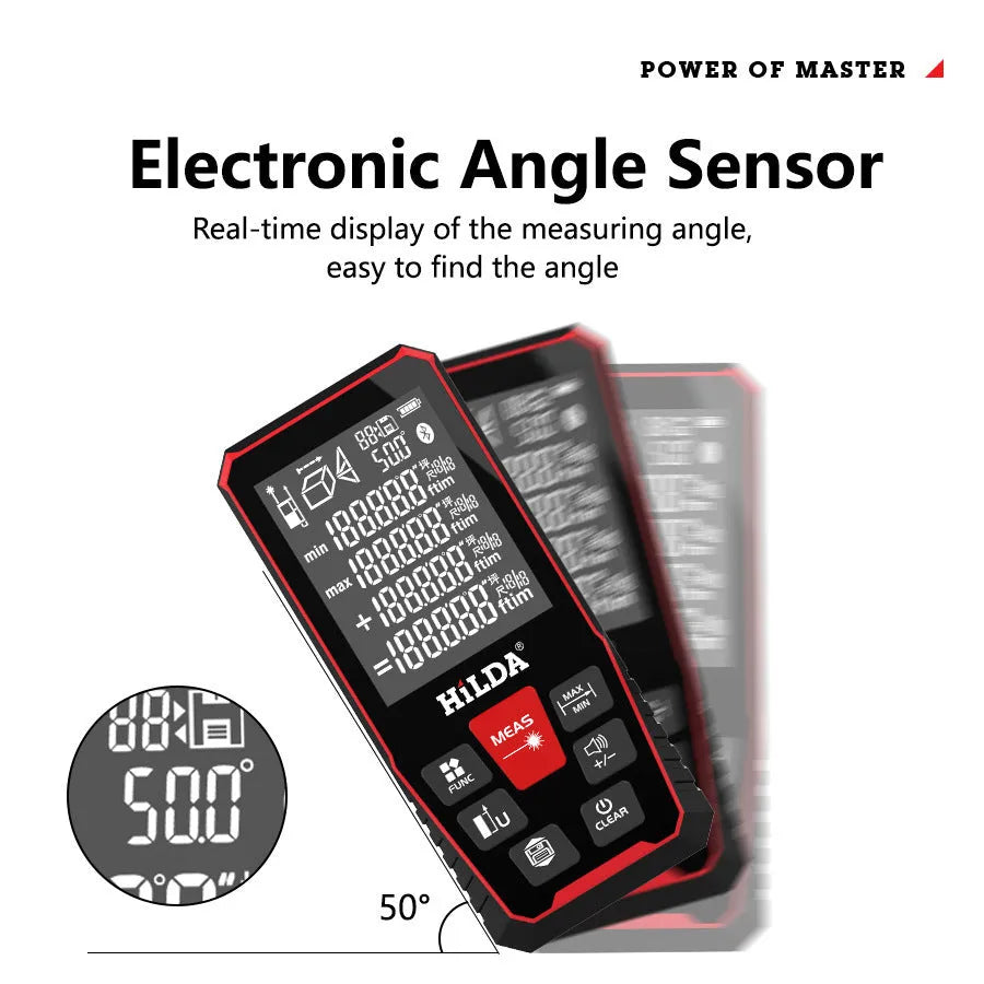 A handheld plastic laser rangefinder for measuring distances up to 120 metres, shown on a table.