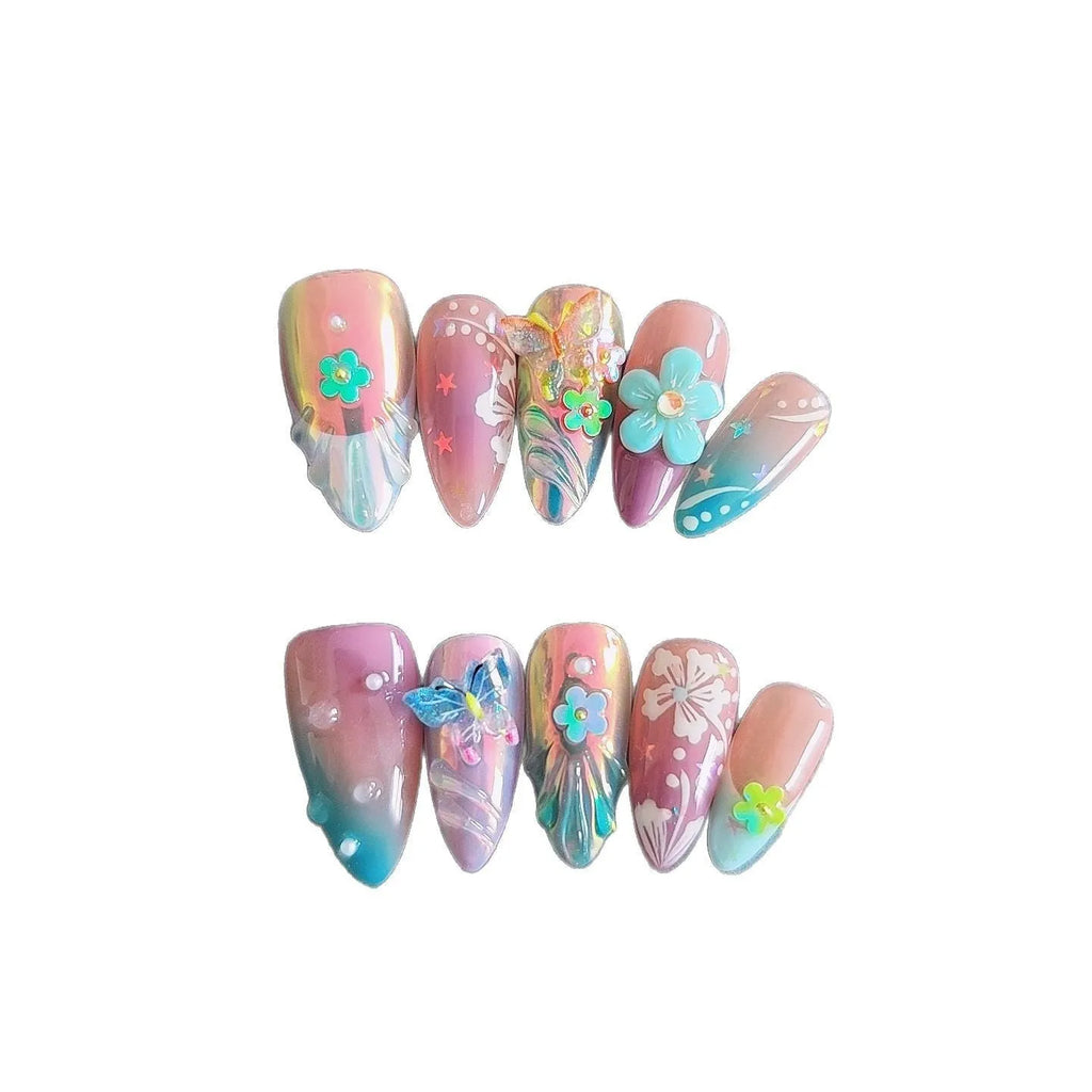 Handmade nail art sculptures with flower and butterfly designs for manicure decoration