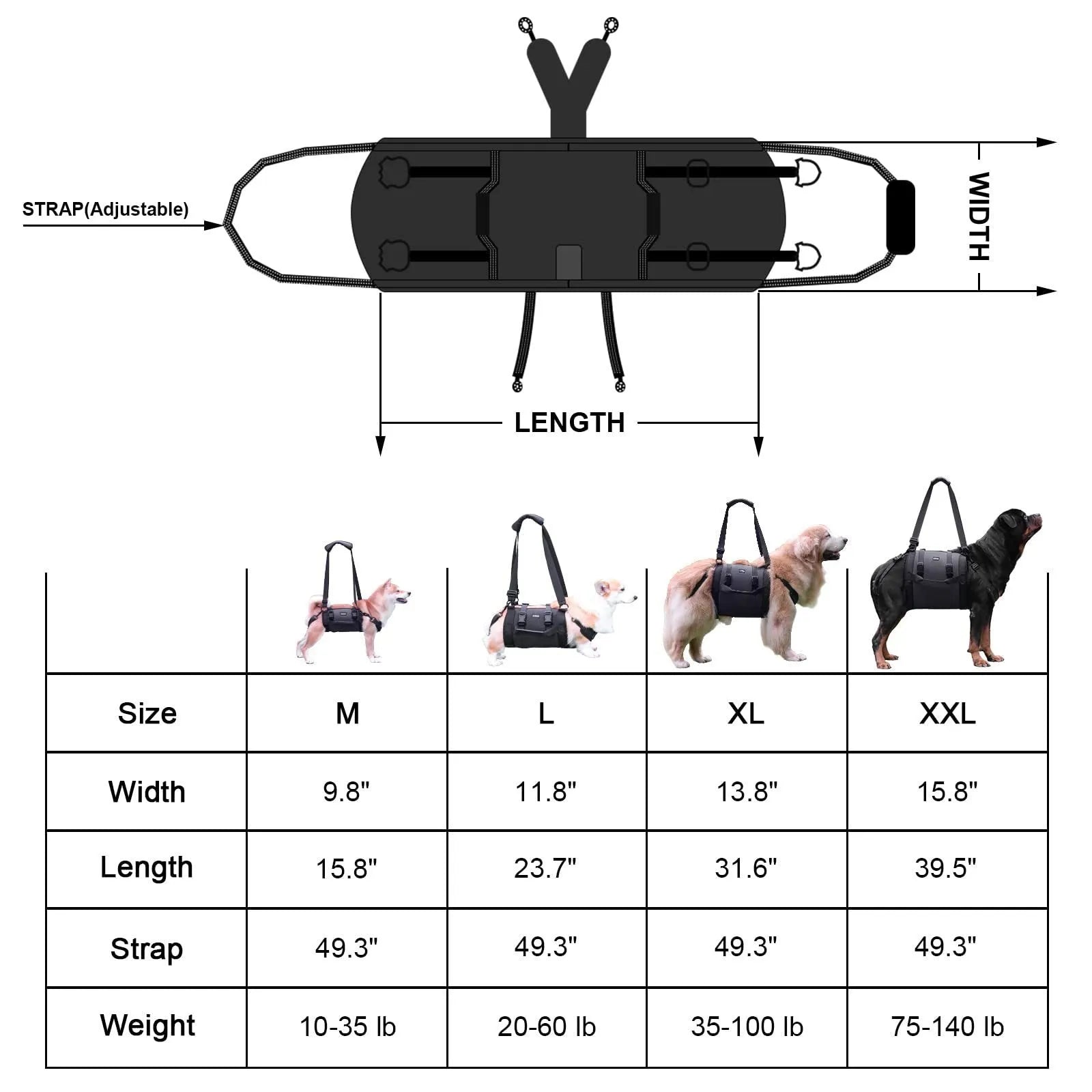 Black Oxford cloth dog harness shown on a dog, highlighting adjustable straps and chest support.