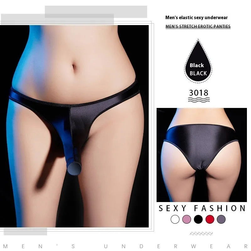 Men's low waist T-back underwear in shiny nylon fabric showing colour options