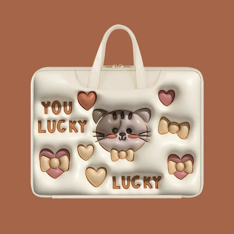 PU leather inflatable laptop bag with cartoon design, shown hanging from a suitcase handle.