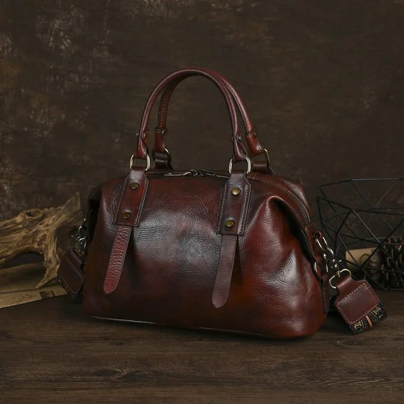 Brown genuine leather handbag with horizontal square shape and retro European American style for women