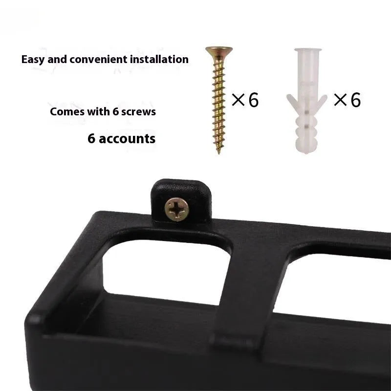 Black wall-mounted fishing rod storage rack in ABS plastic with vertical and horizontal mounting options