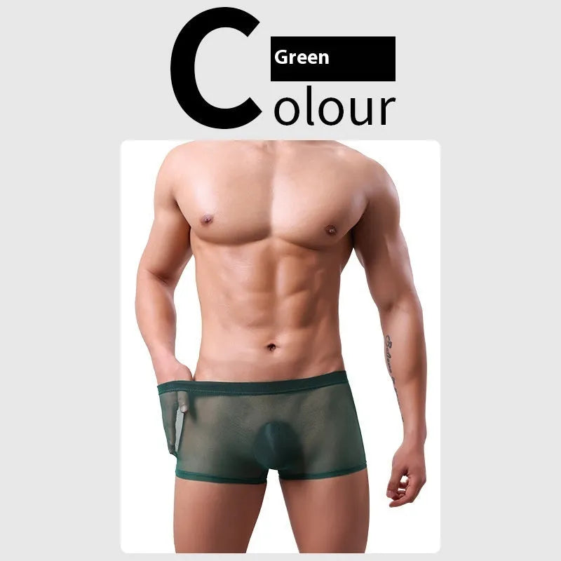 Men's low-waist mesh boxer briefs in six colours: black, white, green, sapphire blue, pink, and skin colour.