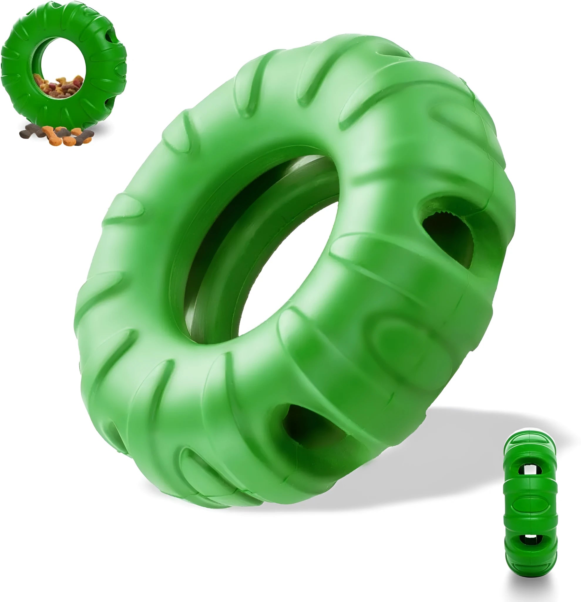 Blue rubber tire-shaped dog chew toy with oval openings, shown as a puzzle feeder for medium to large dogs.