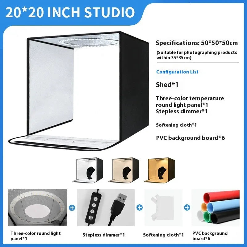 50cm studio light box with metal frame, reflective cloth interior, and USB cable for product photography.