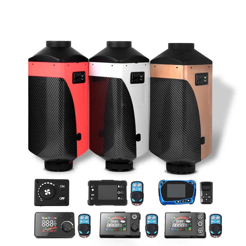 Red and black 12V 24V diesel air heater kit with fuel tank and installation components for vehicle cabin heating.