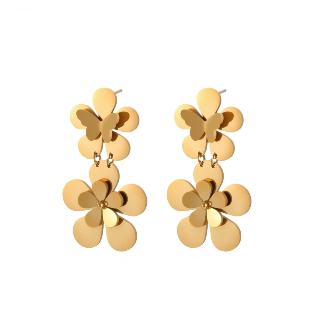 Gold flower butterfly stainless steel earrings with 18K electroplated finish and floral design elements