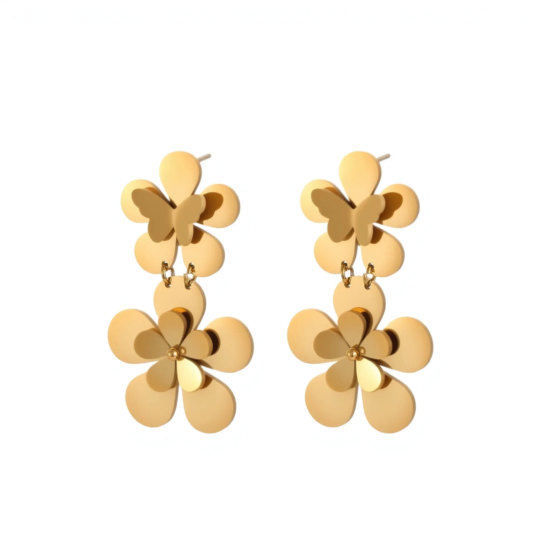 Gold flower butterfly stainless steel earrings with 18K electroplated finish and floral design elements