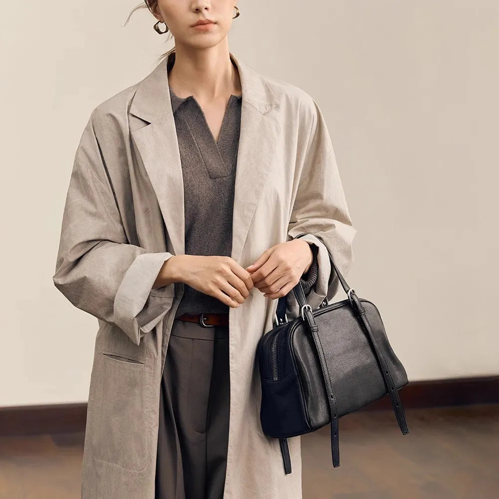 Women's genuine leather retro shoulder bag with horizontal square design in black, brown, or elephant grey colour options