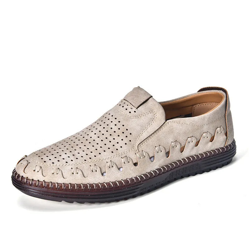Men's brown slip-on casual shoes with round toe, flat heel, and visible sewing line details.