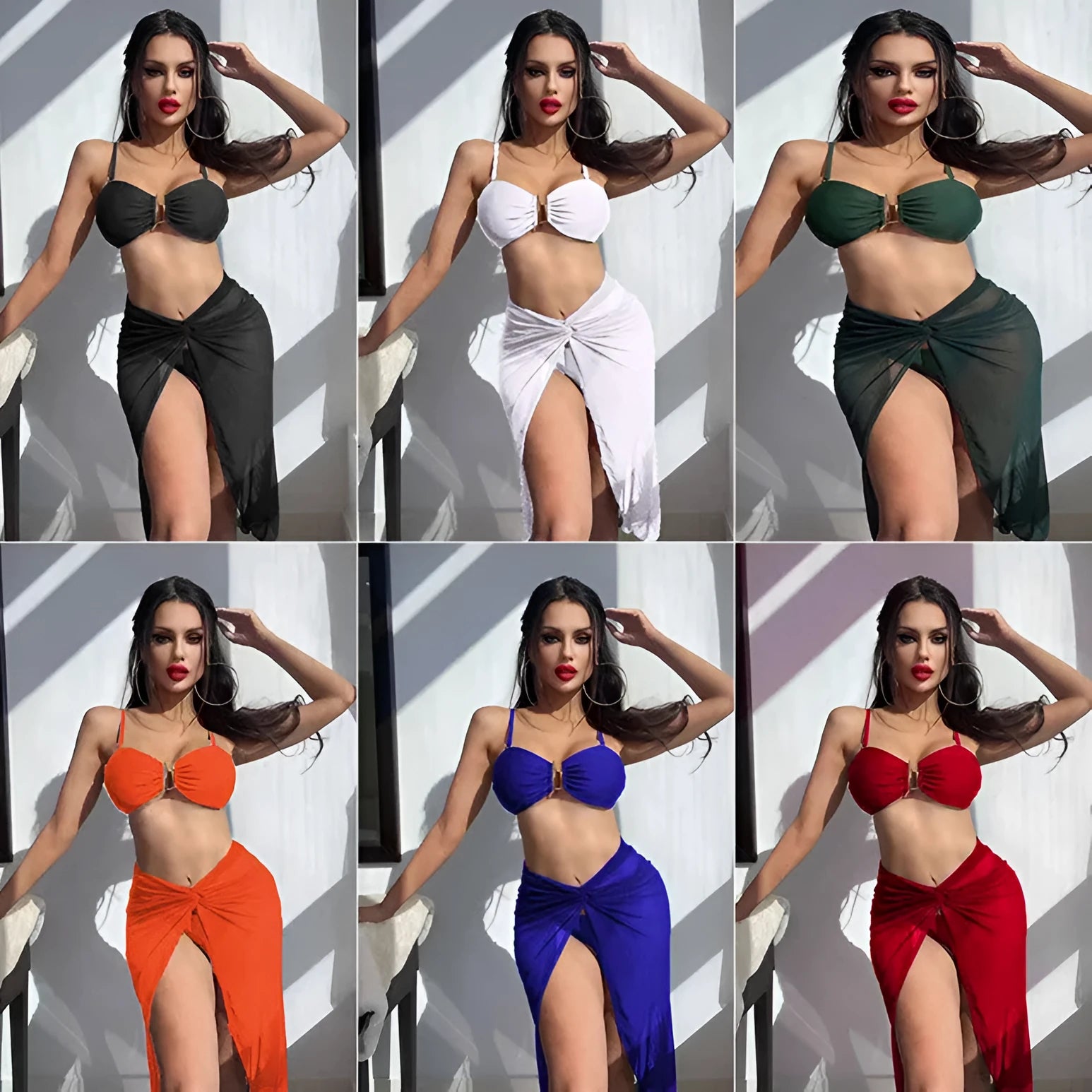 Women's multicolour bikini three-piece set with long culottes French style swimsuit
