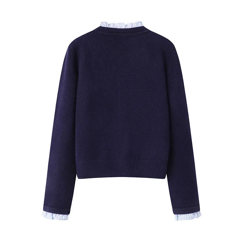Women's pleated lace collar sweater coat in navy blue, acrylic knit, long sleeves