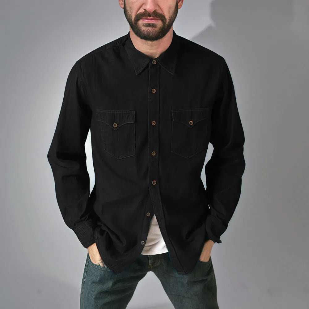 A man or woman wearing a regular-fit denim cardigan coat in khaki, showcasing button-front style.