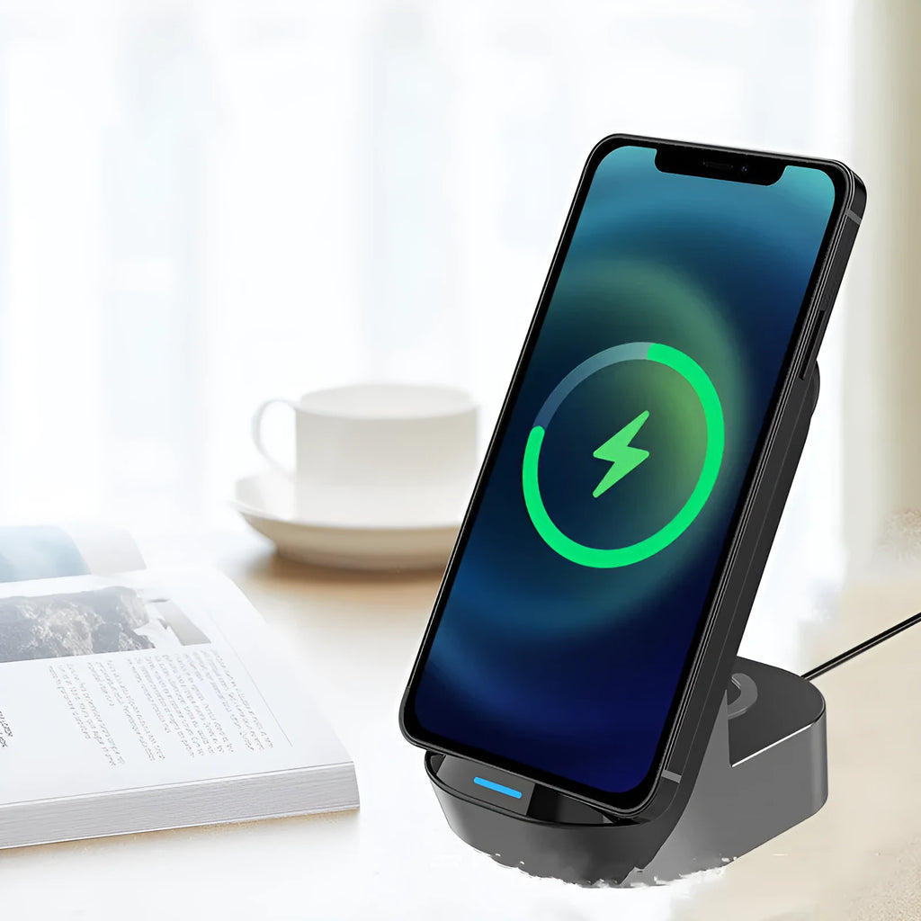 Black grey foldable wireless charging stand showing phone vertical charging, watch charging and earbuds case charging