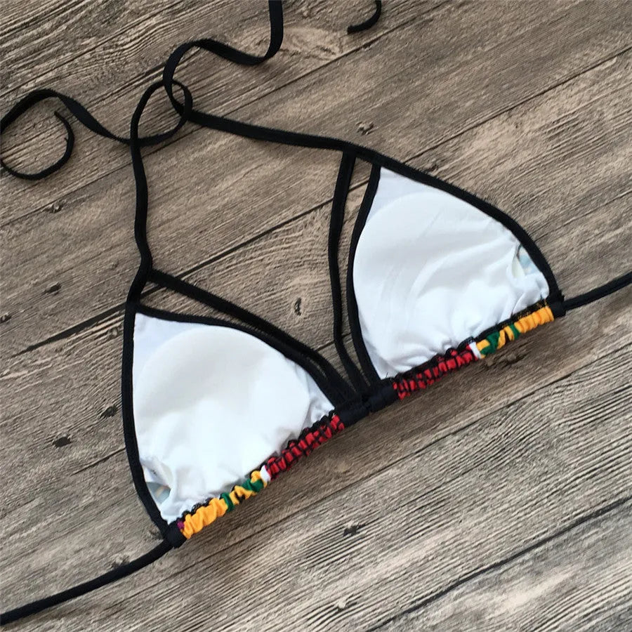 Women's high-waisted digital print bikini swimsuit with backless design