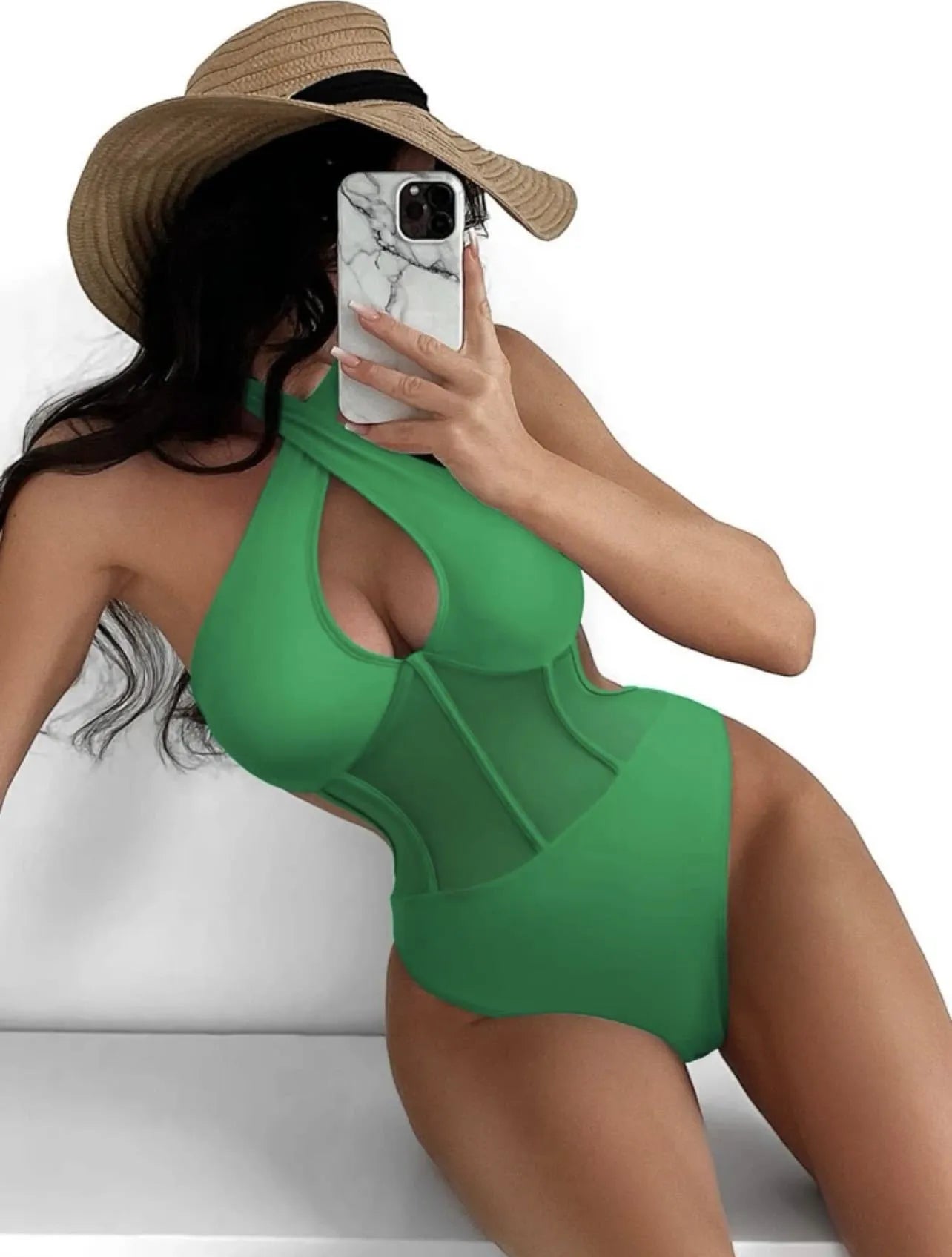 Women's one-piece spun yarn swimsuit bikini on a hanger in black, rose red, and green colour options.