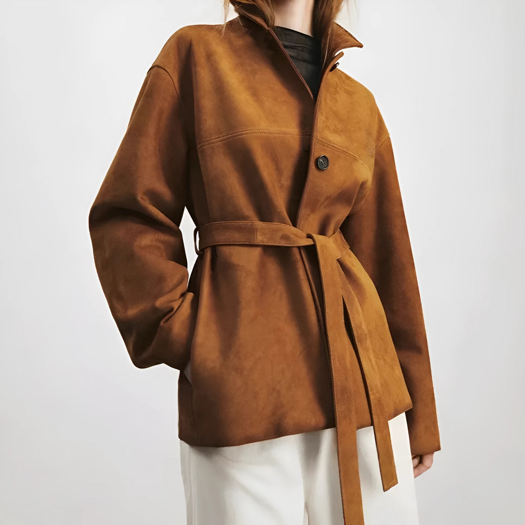 French retro cashmere coat with Peter Pan collar and leather stitching details in Caramel Mocha colour