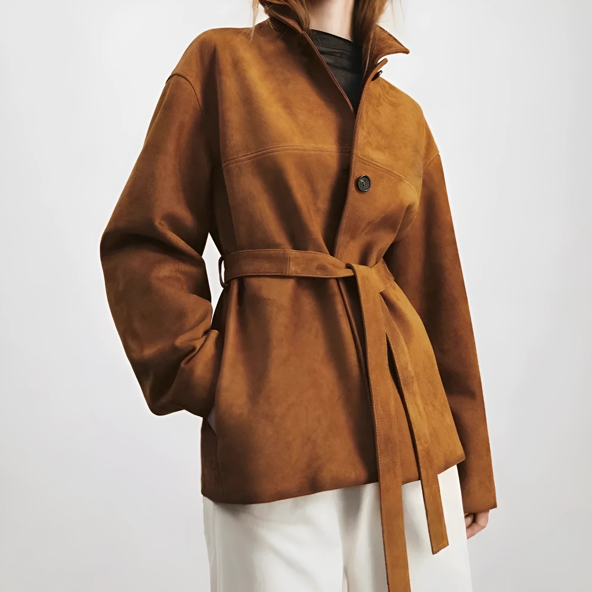 French retro cashmere coat with Peter Pan collar and leather stitching details in Caramel Mocha colour