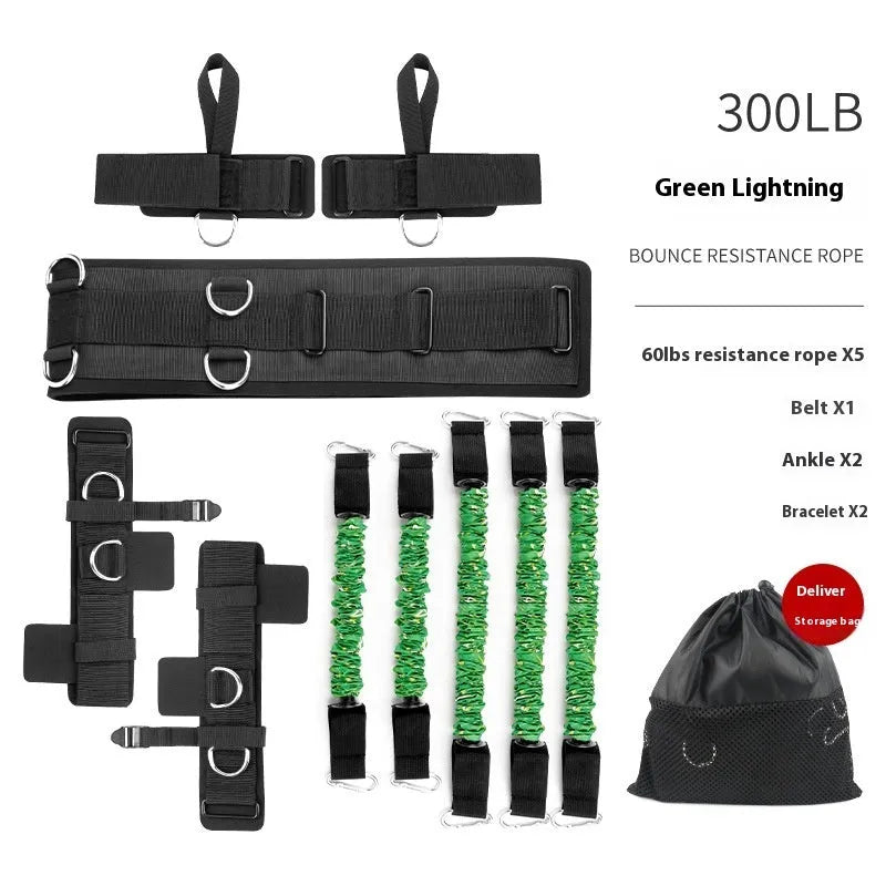 Fitness Bounce chest expander belt with TPE elastic tube and colour-coded resistance sleeves: red, blue, black, green.