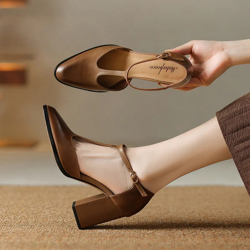 Baotou hollow women's Mary Jane shoes with pointed toe, buckle fastening, available in dark brown and pink colours