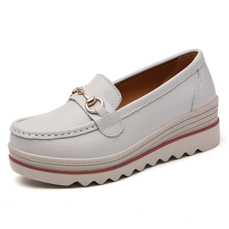 Slip-on oversized synthetic leather casual shoes for women in beige, round toe, rubber sole