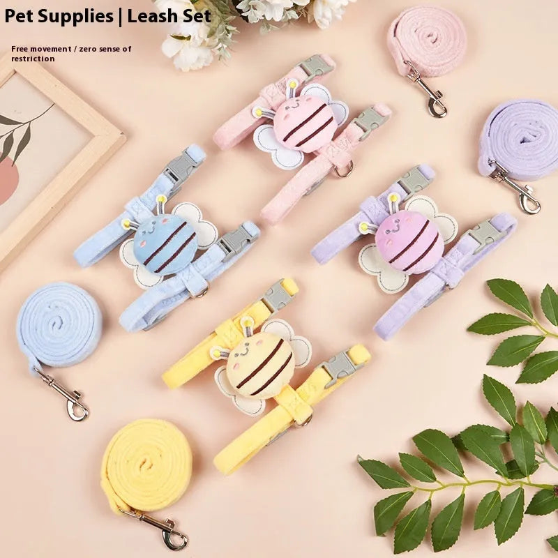 Bee-shaped cat harness and lead set in pink, yellow, and blue colours with adjustable strap