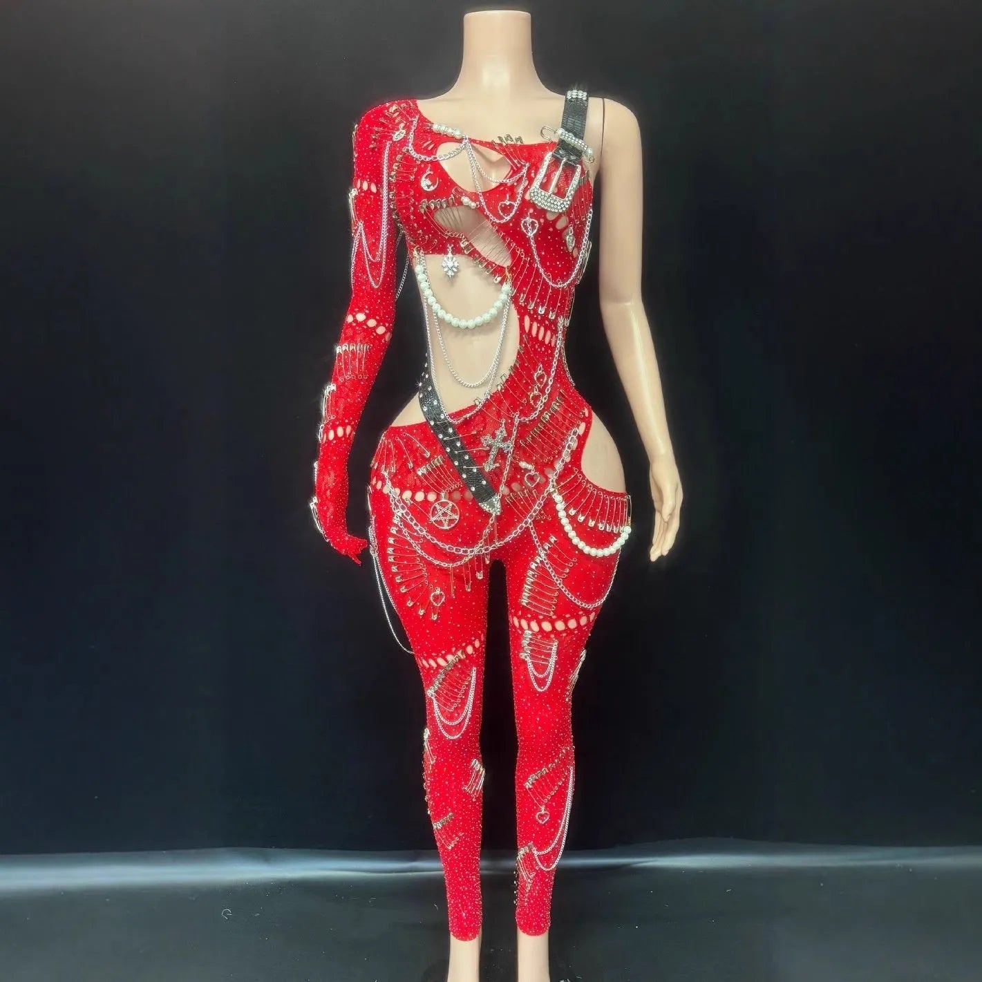 Women's cutout pearl chain sequin jumpsuit in spandex, long sleeve cropped pants, red colour
