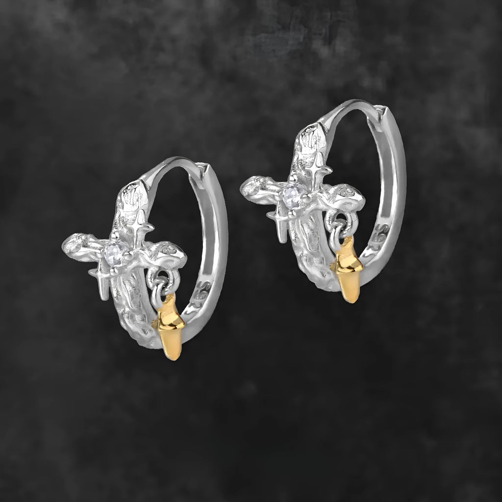 925 silver cross earrings with geometric round design in white gold colour finish