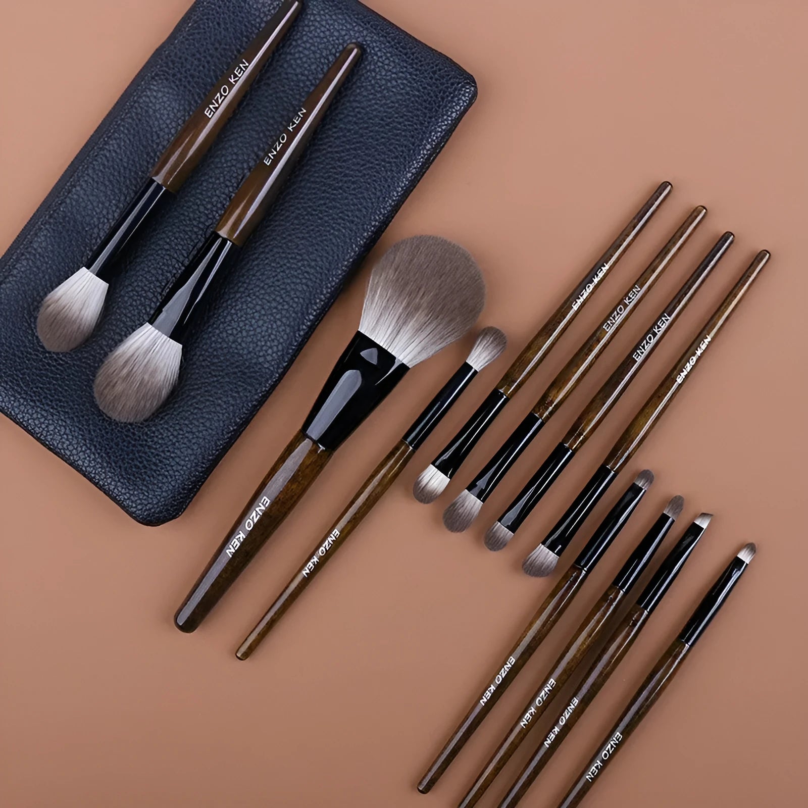 12-piece makeup brush set with wooden handles in PU travel case