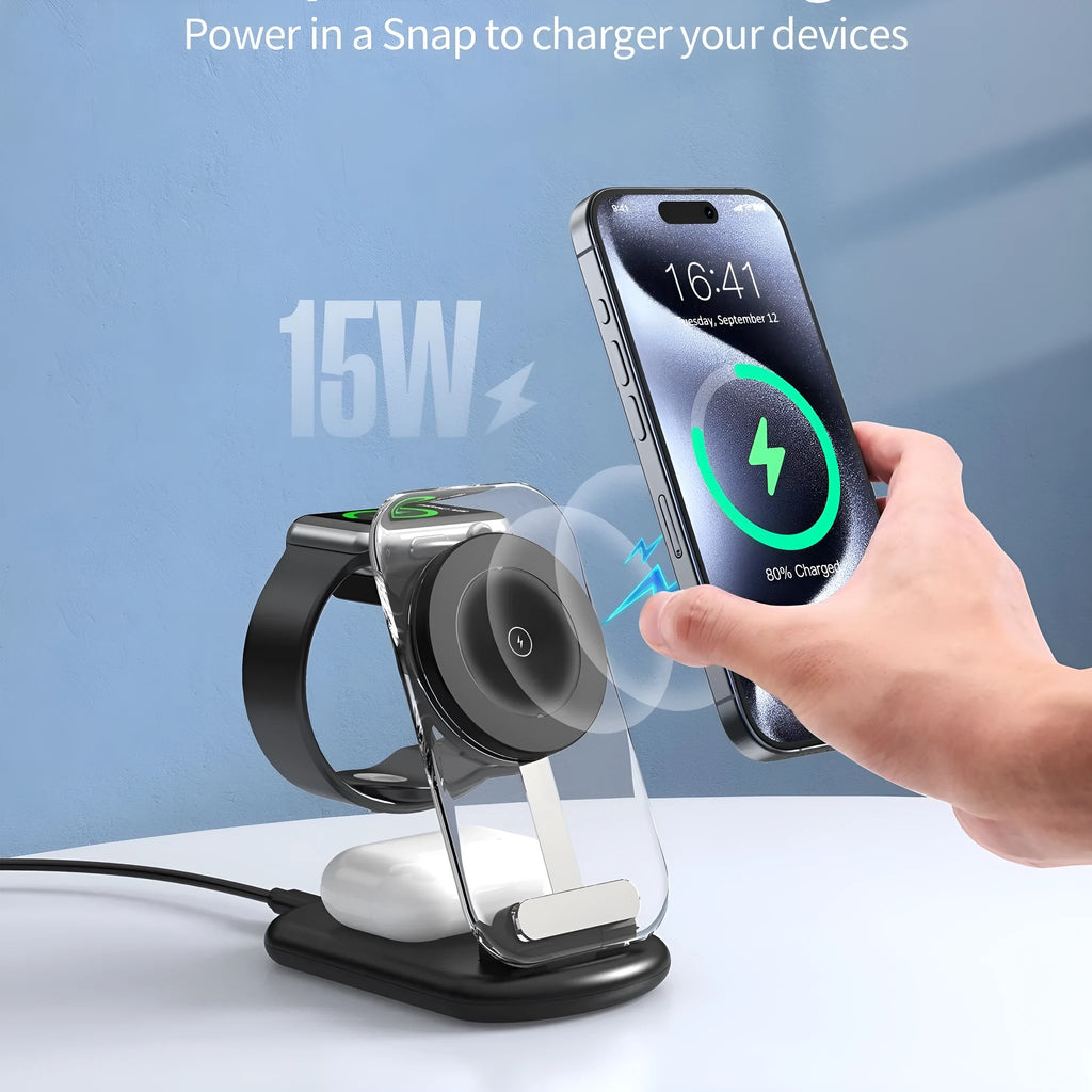 Transparent folding magnetic wireless charger showing three charging areas
