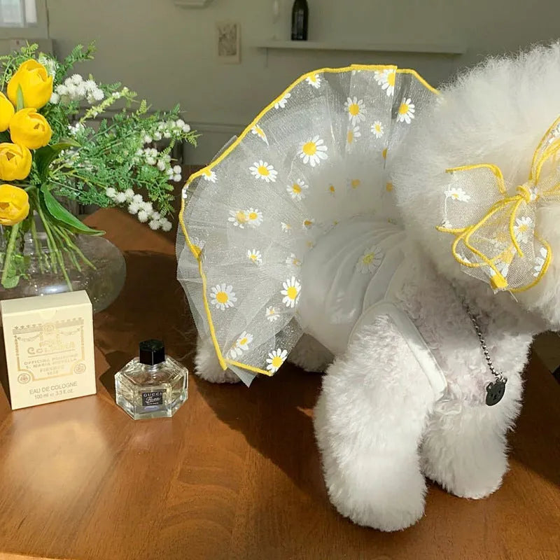 Yellow daisy print summer dog clothes made from lightweight polyester fabric
