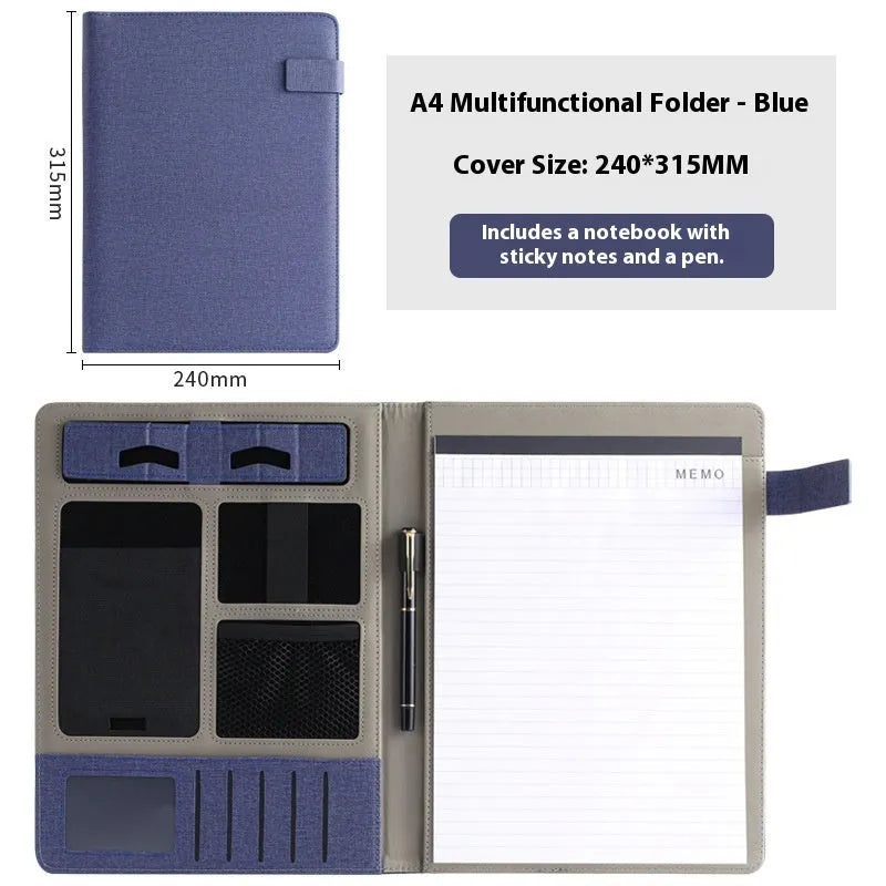 Leather A4 business folder in black colour showing pen holder and notepad configuration