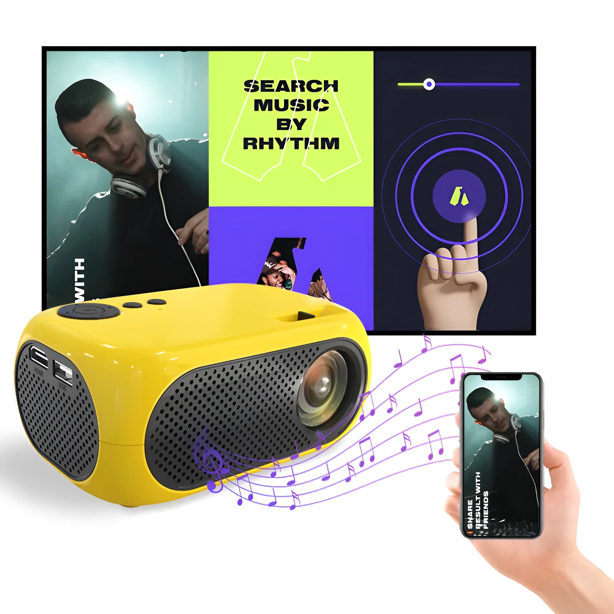 M24 micro mini projector in gold or white colour with power adapter and AV cable