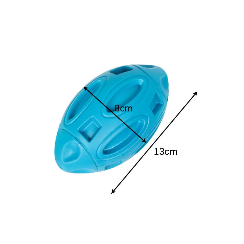 Blue, green, and orange durable natural rubber squeaky dog chew ball for medium and large breeds.