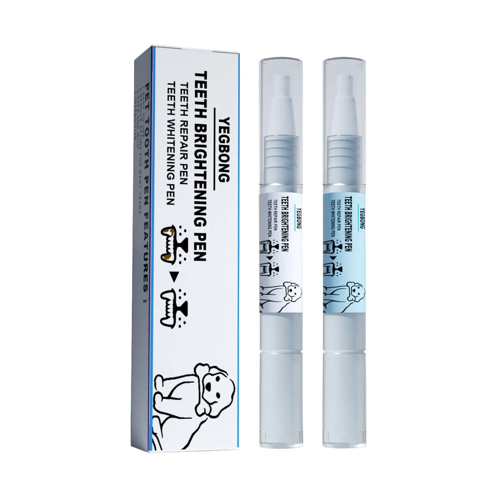 White pet teeth whitening pen applicator with two dental brushes for dog and cat oral care