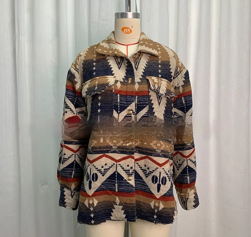 Women's retro style Aztec print woolen cotton coat in loose fit design